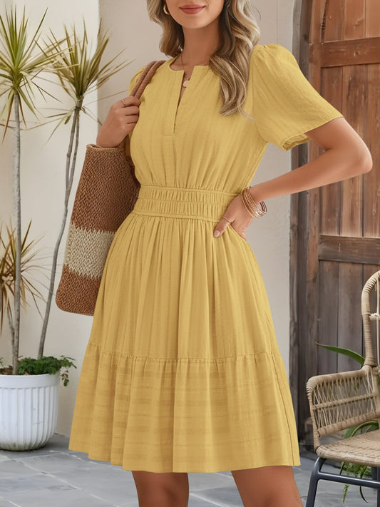 100% Cotton Notch Neck Puff Sleeve A-Line Tiered Dress