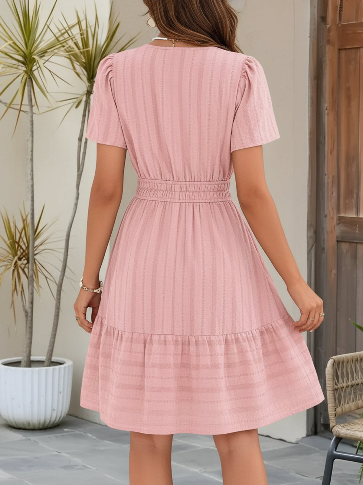 100% Cotton Notch Neck Puff Sleeve A-Line Tiered Dress