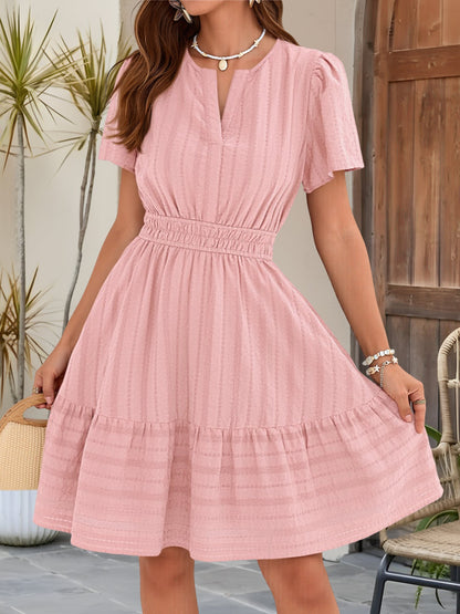 100% Cotton Notch Neck Puff Sleeve A-Line Tiered Dress
