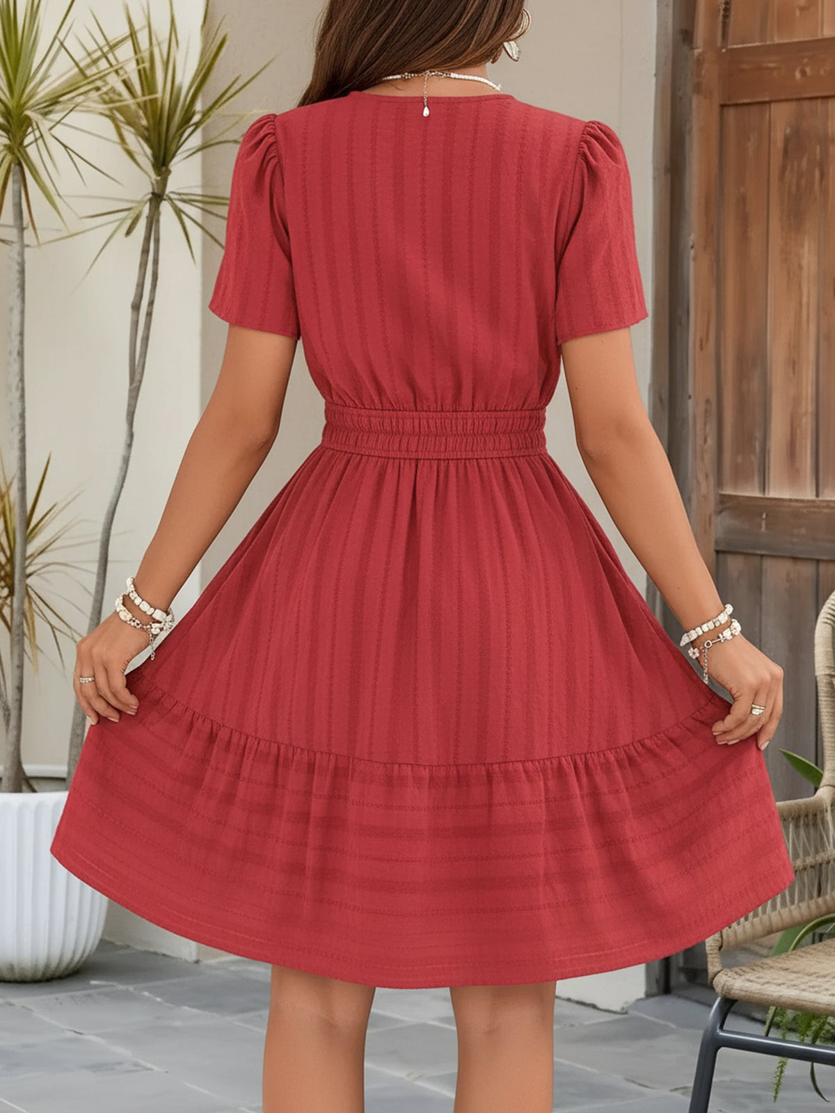 100% Cotton Notch Neck Puff Sleeve A-Line Tiered Dress
