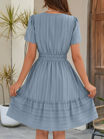 100% Cotton Notch Neck Puff Sleeve A-Line Tiered Dress