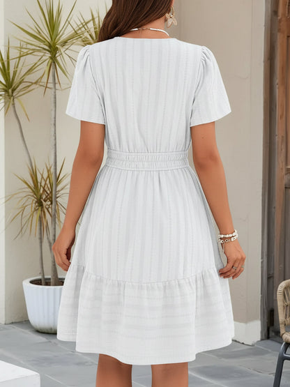 100% Cotton Notch Neck Puff Sleeve A-Line Tiered Dress