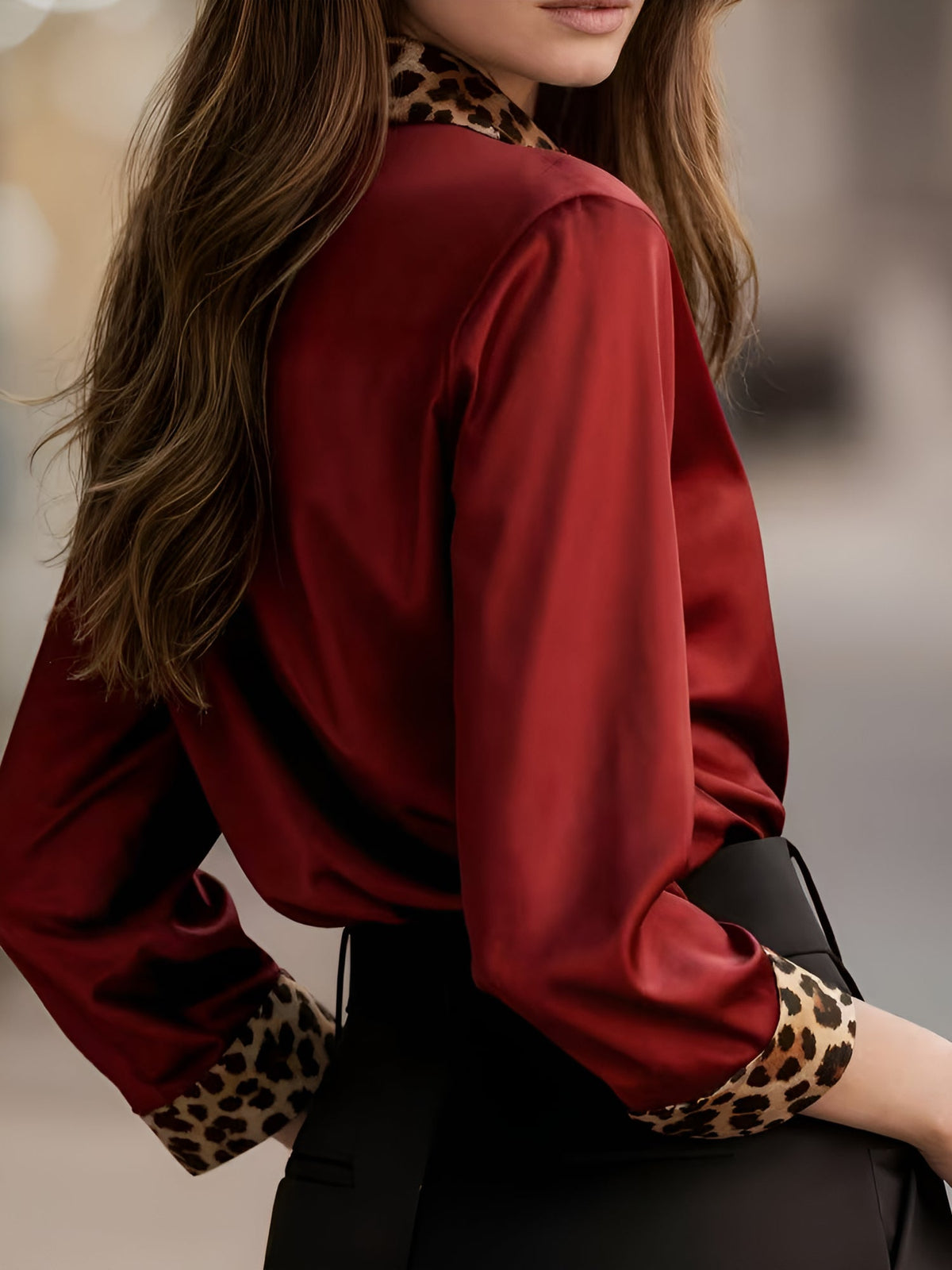 Satin Long Sleeve Leopard Print Patchwork Shirt