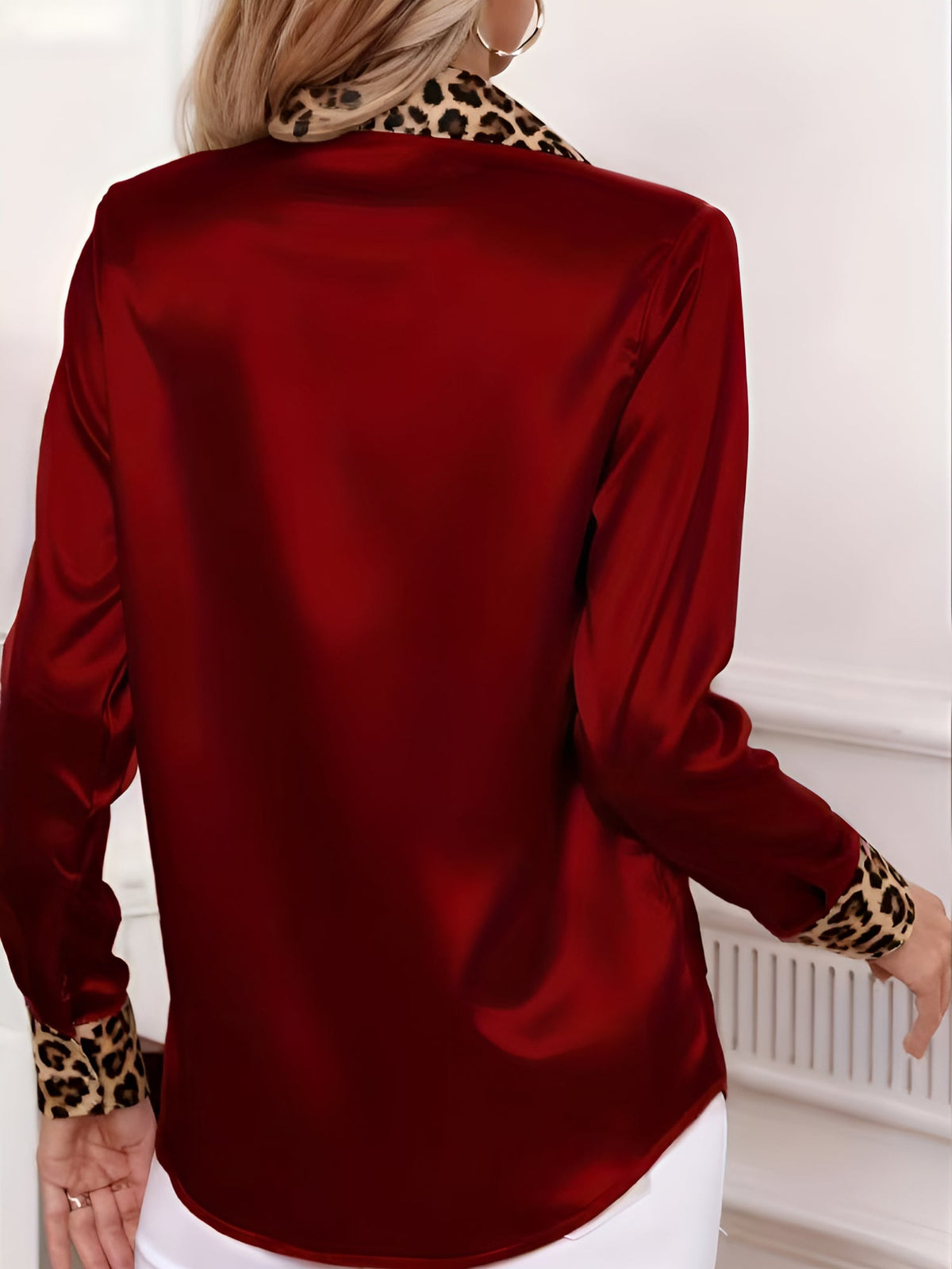 Satin Long Sleeve Leopard Print Patchwork Shirt