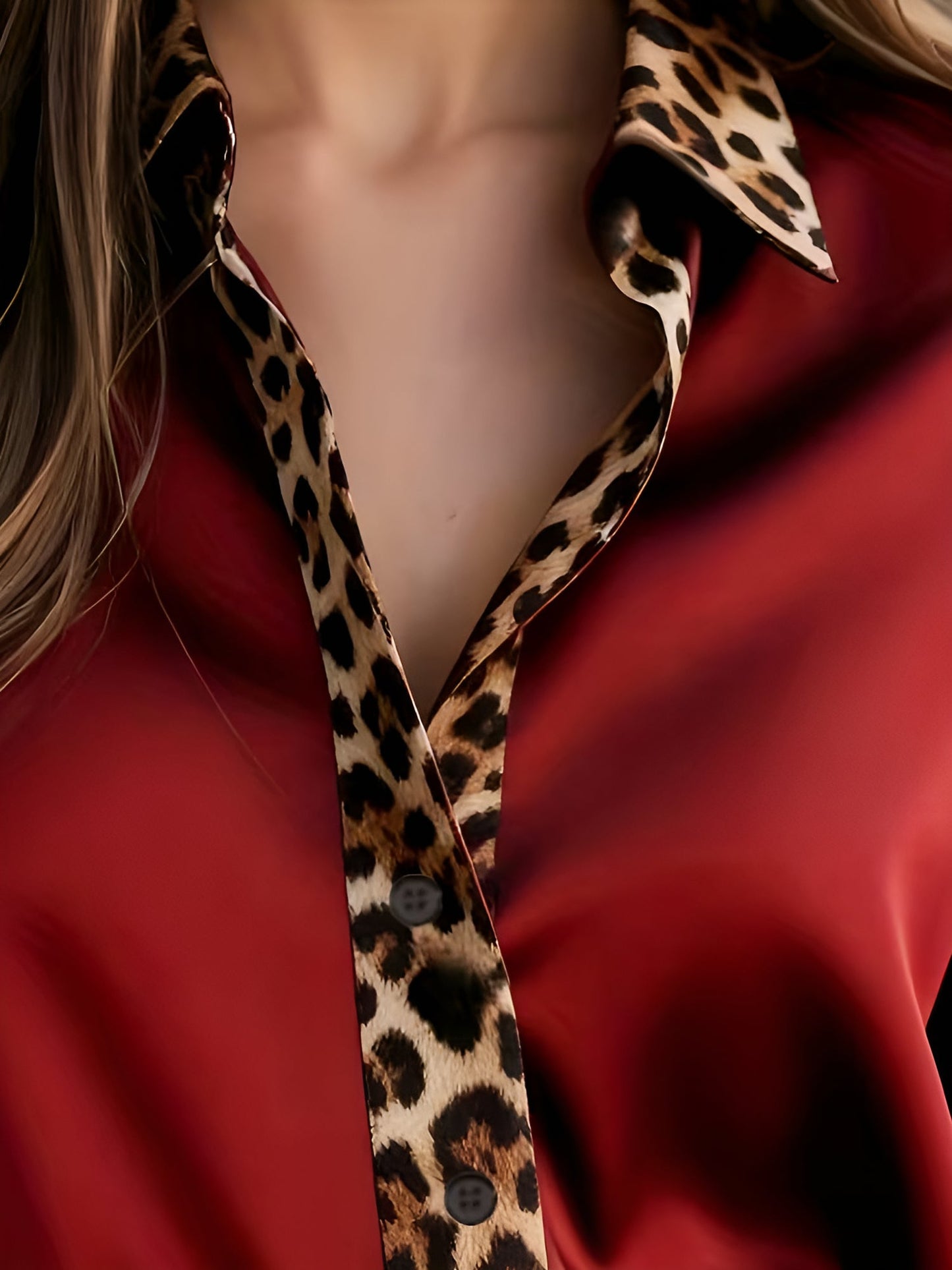 Satin Long Sleeve Leopard Print Patchwork Shirt