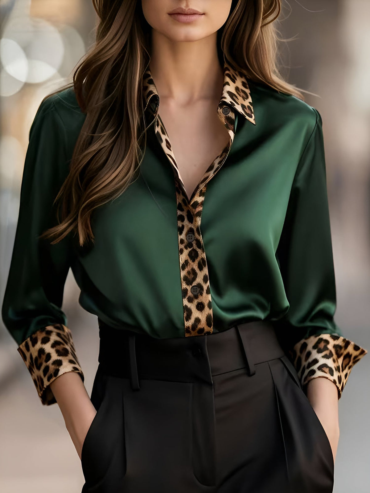 Satin Long Sleeve Leopard Print Patchwork Shirt