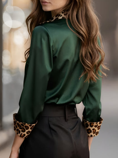 Satin Long Sleeve Leopard Print Patchwork Shirt