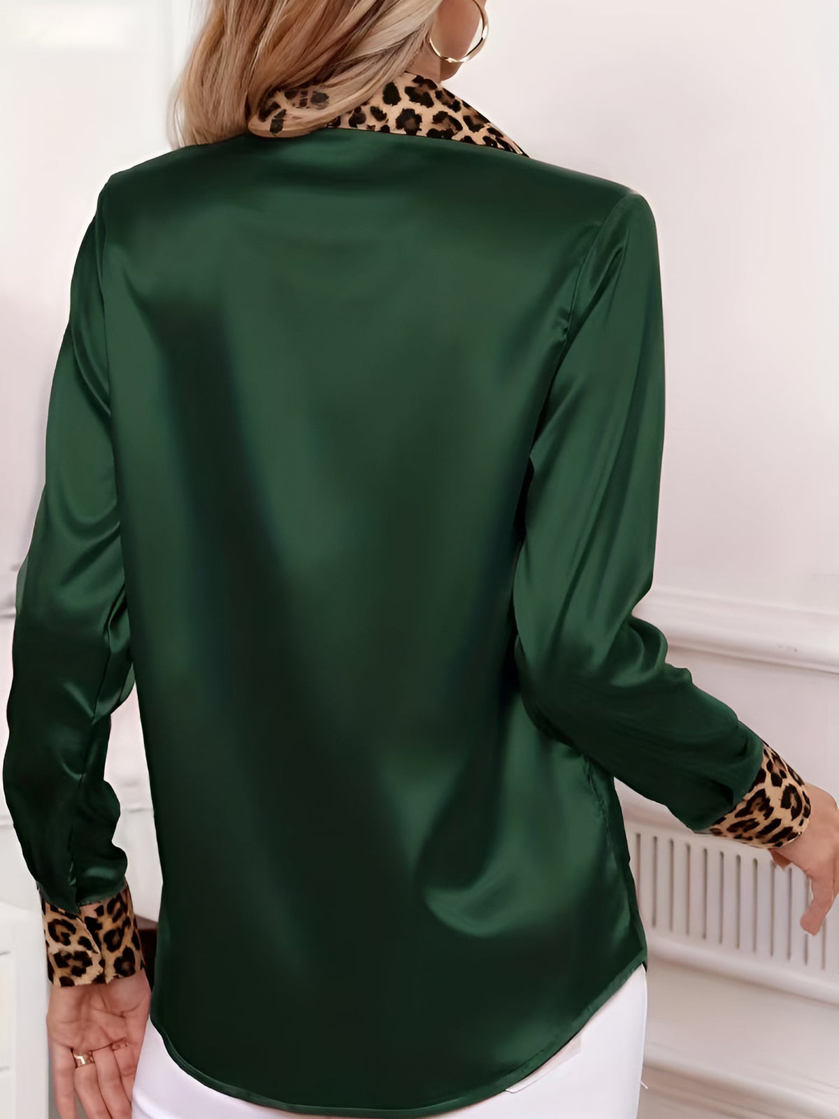 Satin Long Sleeve Leopard Print Patchwork Shirt