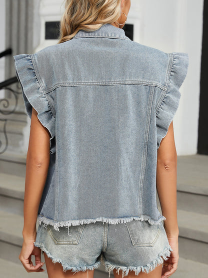 Denim Ruffled Cap Sleeves Casual Jean Blouse