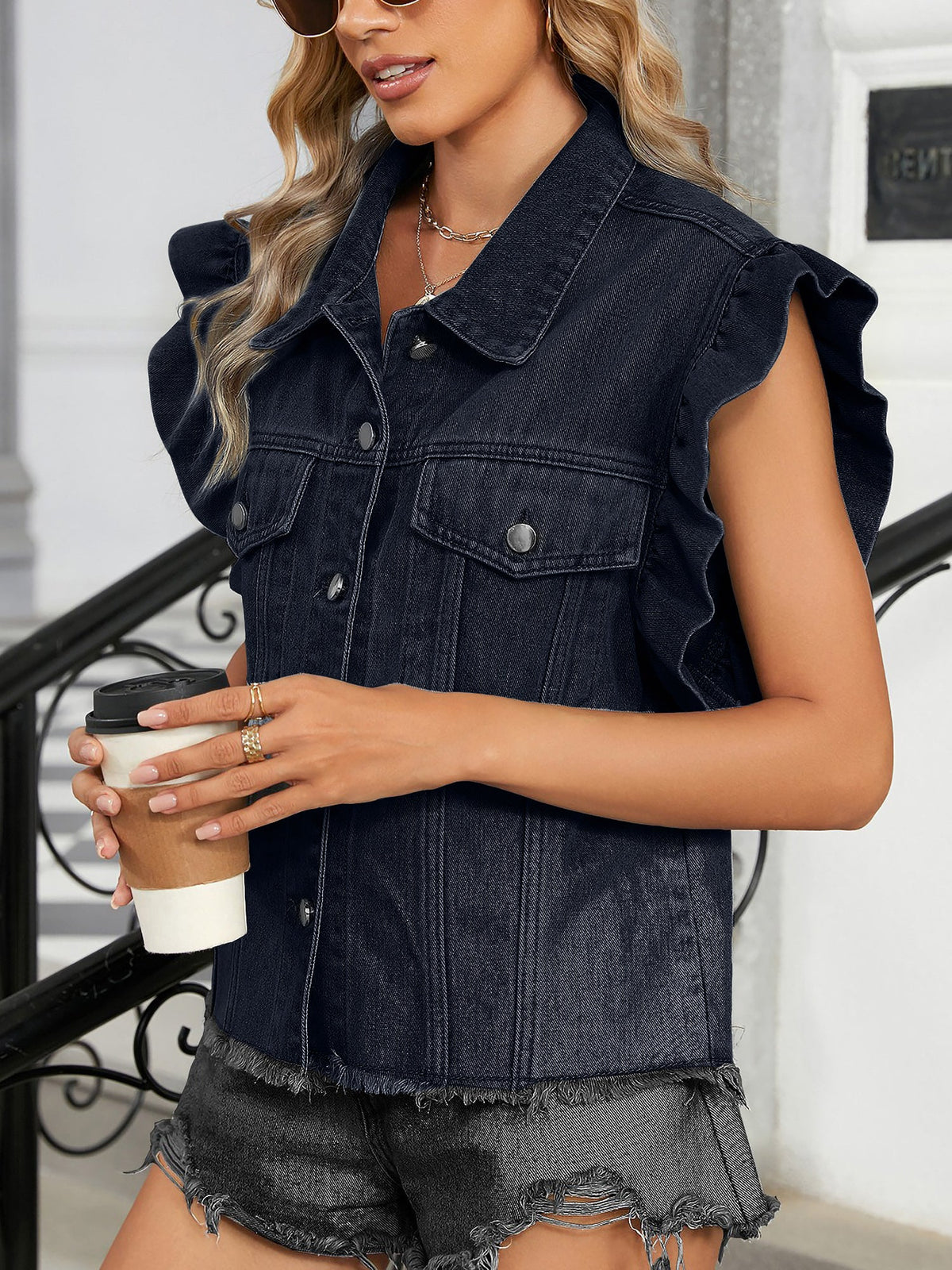 Denim Ruffled Cap Sleeves Casual Jean Blouse