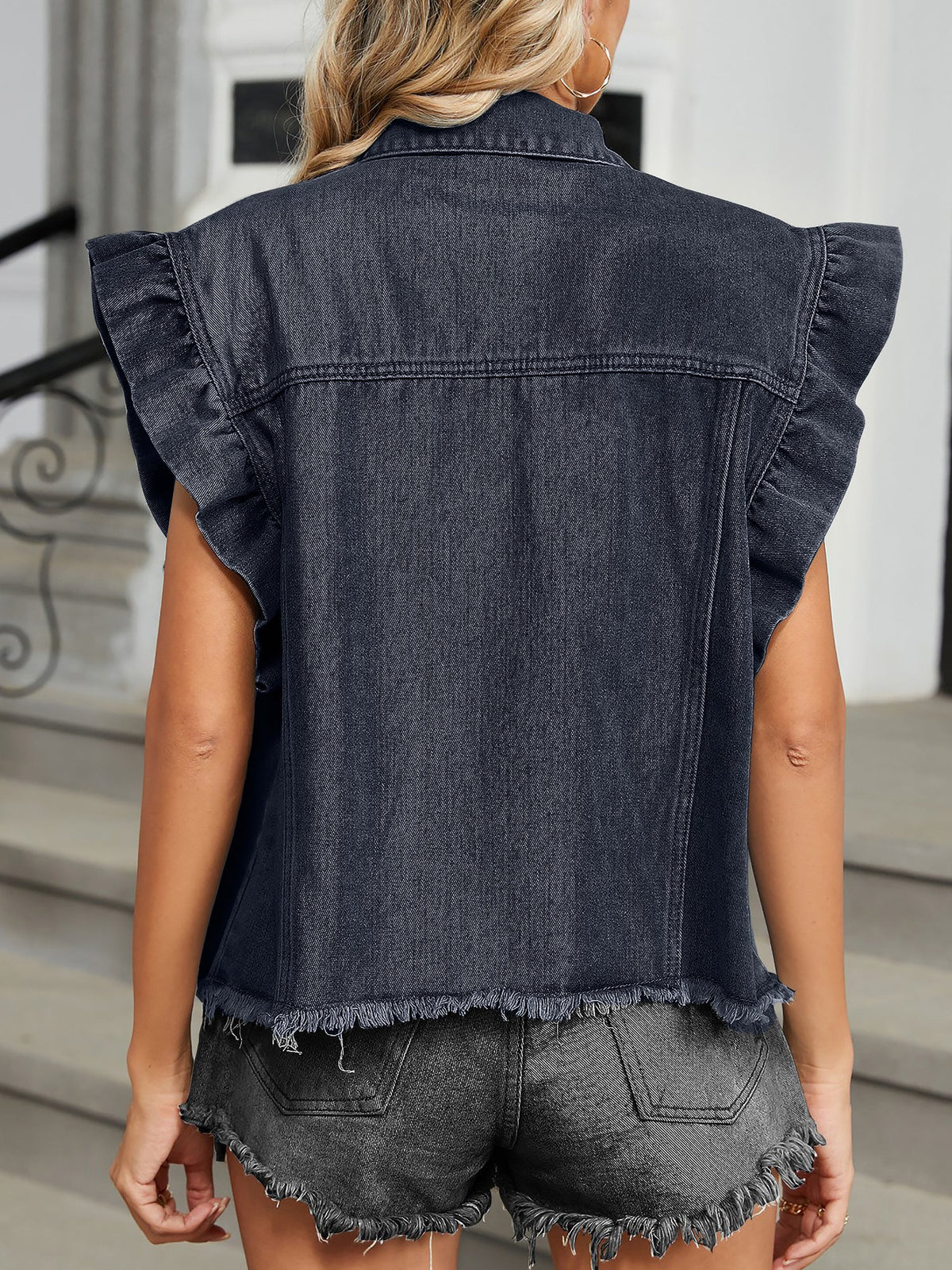 Denim Ruffled Cap Sleeves Casual Jean Blouse