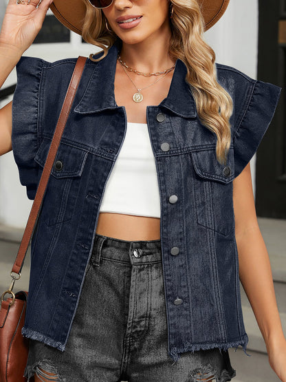 Denim Ruffled Cap Sleeves Casual Jean Blouse