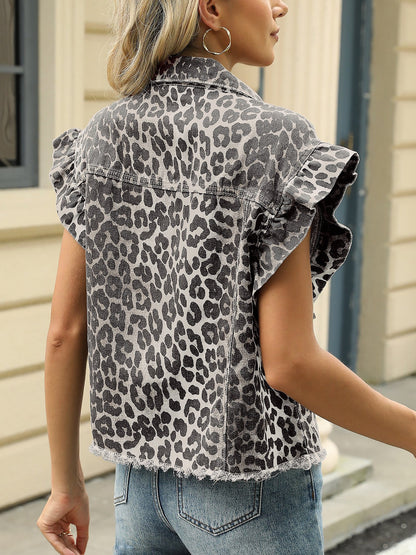 Denim Ruffled Cap Sleeves Casual Jean Blouse