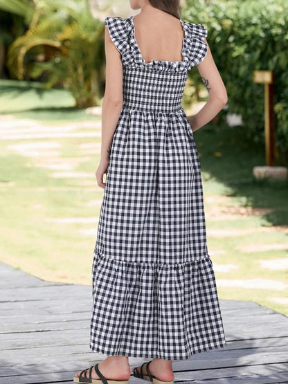 Gingham Ruffled Cap Sleeves Smocked Pocketed Tiered Dress