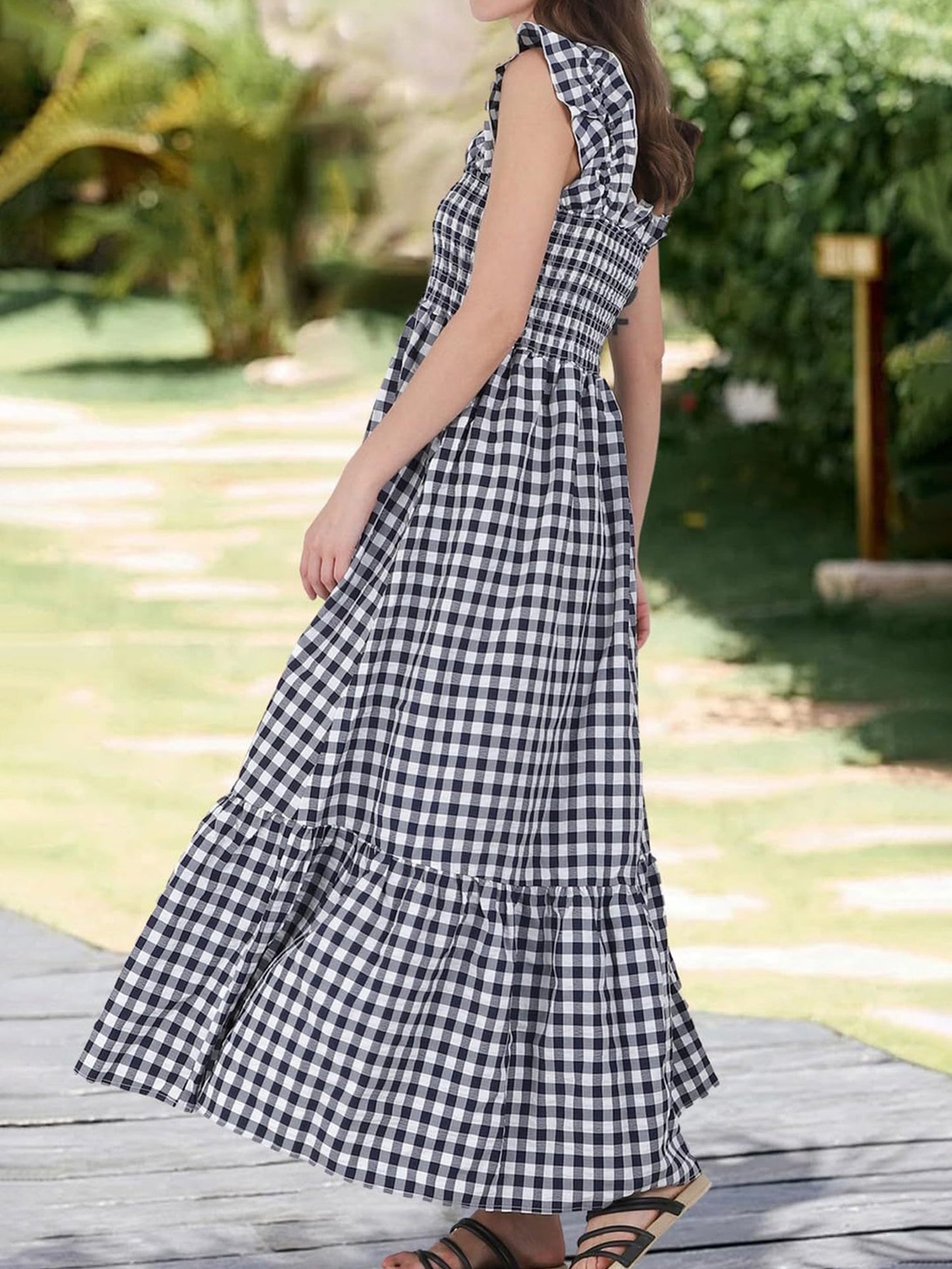 Gingham Ruffled Cap Sleeves Smocked Pocketed Tiered Dress