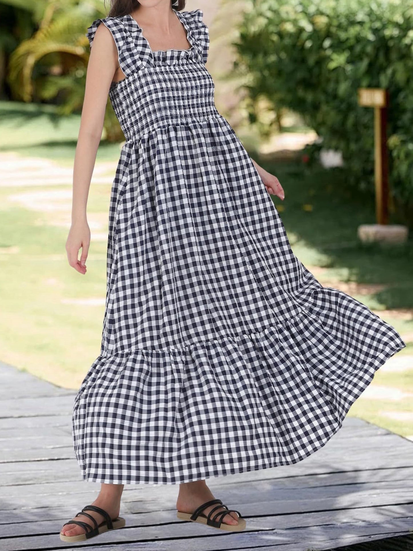 Gingham Ruffled Cap Sleeves Smocked Pocketed Tiered Dress