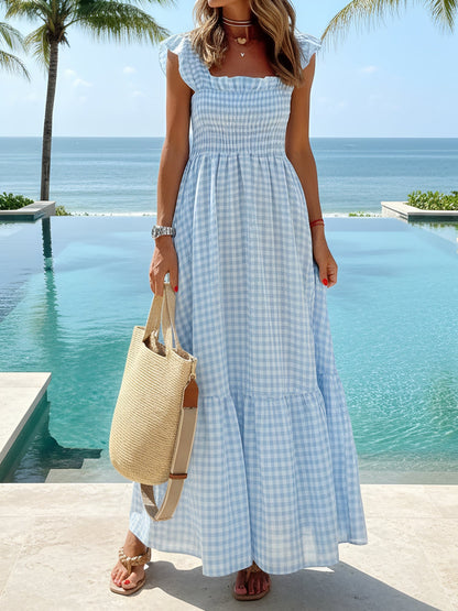 Gingham Ruffled Cap Sleeves Smocked Pocketed Tiered Dress