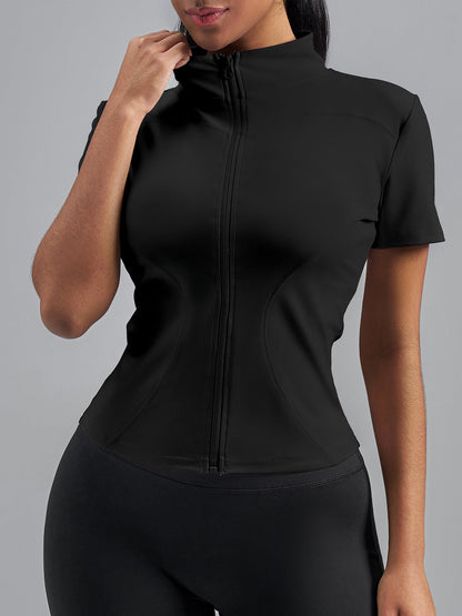 Stand Collar Stretchy Yoga Short Sleeve Fitted Sports Jacket