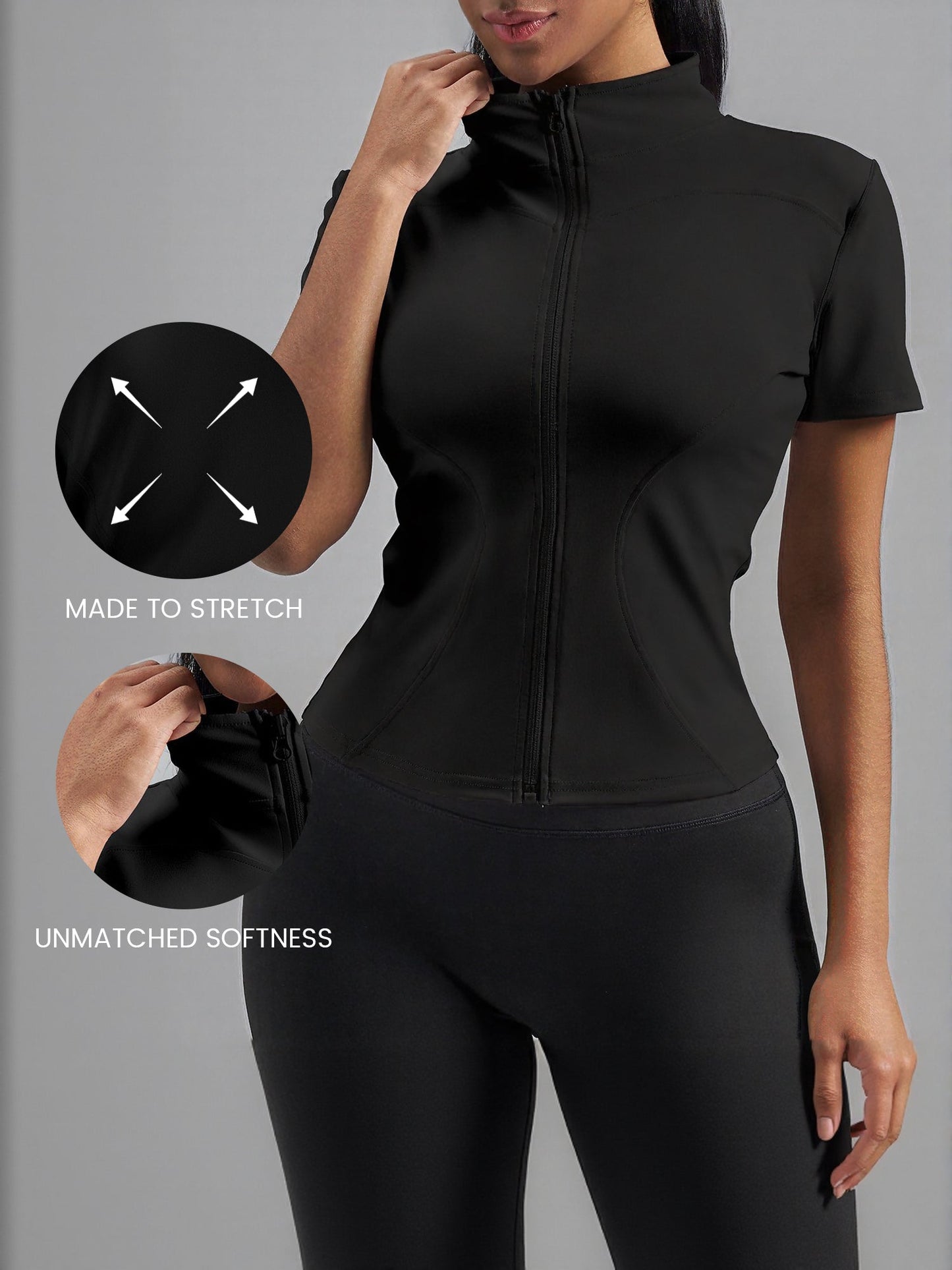 Stand Collar Stretchy Yoga Short Sleeve Fitted Sports Jacket