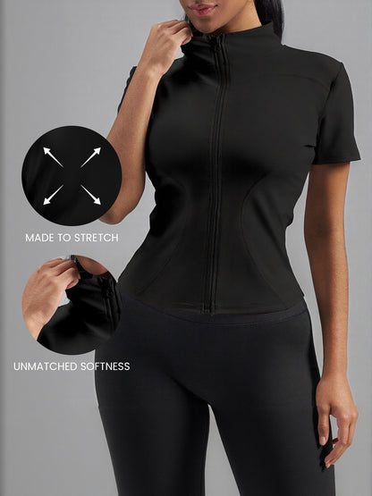 Stand Collar Stretchy Yoga Short Sleeve Fitted Sports Jacket