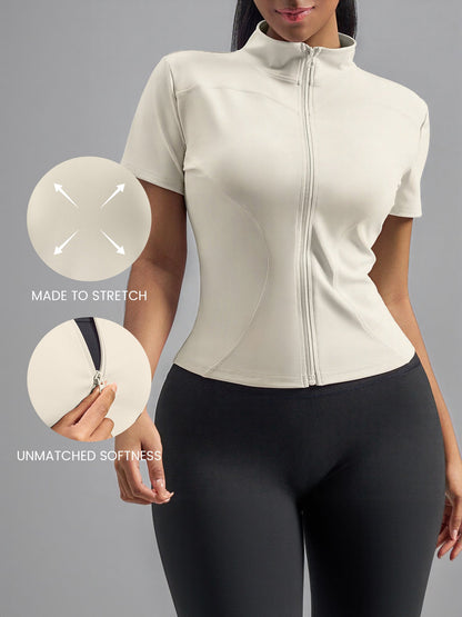 Stand Collar Stretchy Yoga Short Sleeve Fitted Sports Jacket