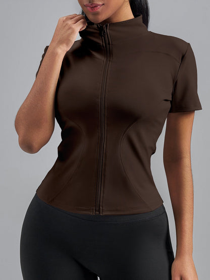 Stand Collar Stretchy Yoga Short Sleeve Fitted Sports Jacket