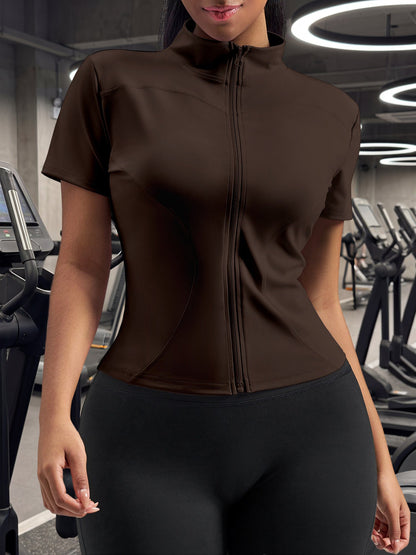Stand Collar Stretchy Yoga Short Sleeve Fitted Sports Jacket