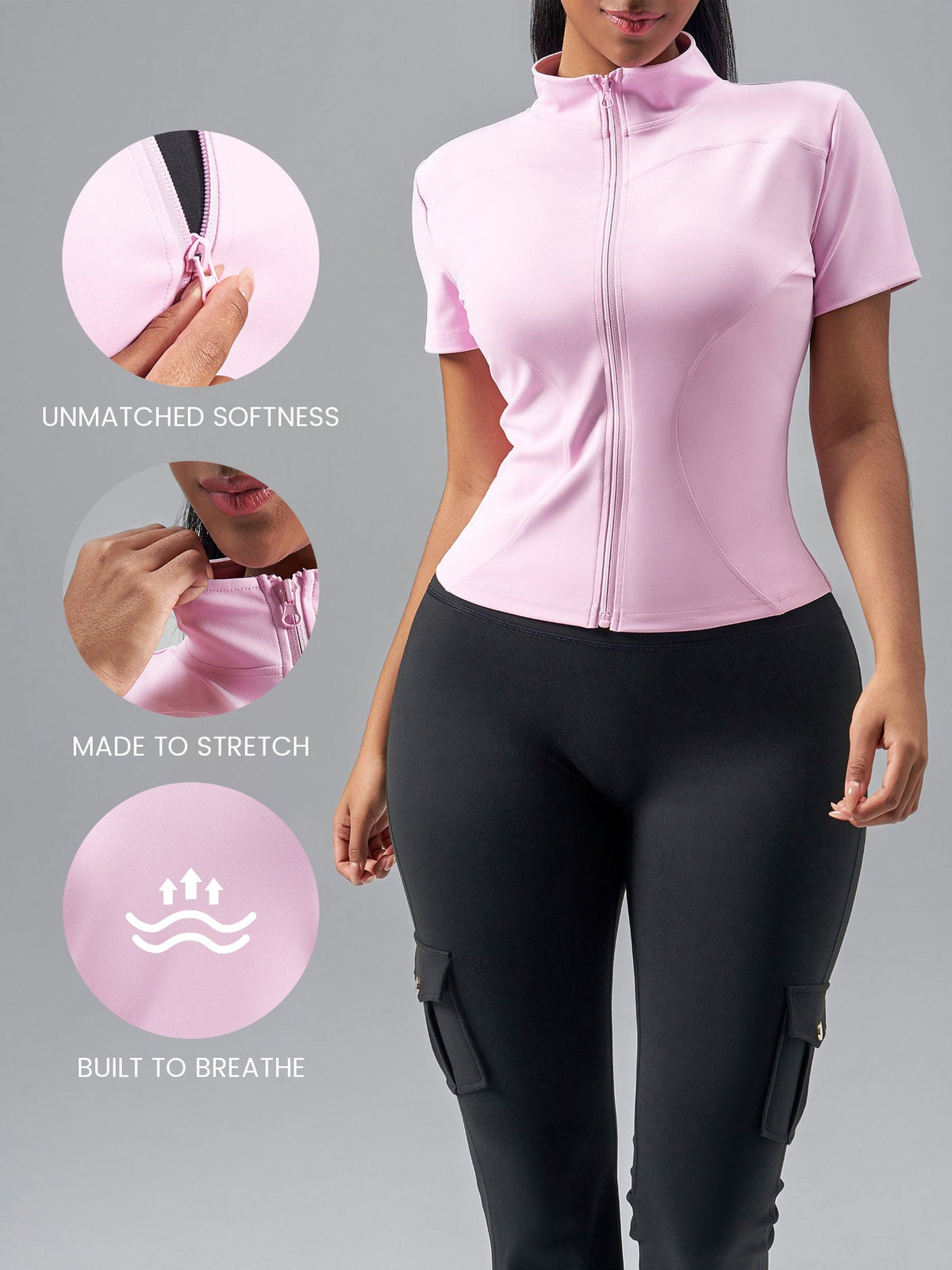 Stand Collar Stretchy Yoga Short Sleeve Fitted Sports Jacket