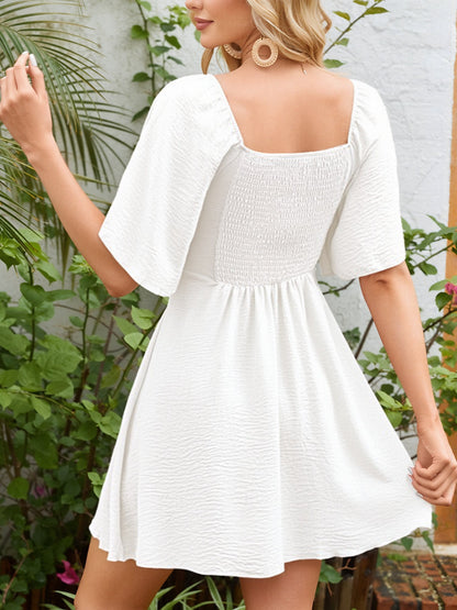 V Neck Bow Tie Short Sleeved Smocked Mini Casual Dress