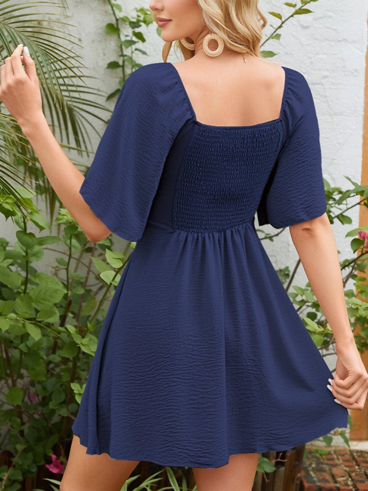 V Neck Bow Tie Short Sleeved Smocked Mini Casual Dress