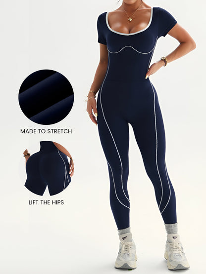 Colorblocked Short Sleeve Yoga All-in-One Activewear Workouts Jumpsuits Unitard