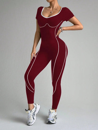 Colorblocked Short Sleeve Yoga All-in-One Activewear Workouts Jumpsuits Unitard