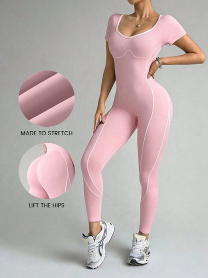 Colorblocked Short Sleeve Yoga All-in-One Activewear Workouts Jumpsuits Unitard