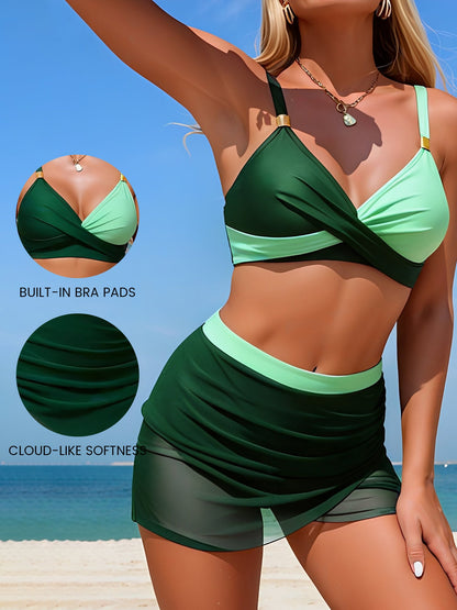 2 Piece Colorblock Sporty Skirted Swimwear