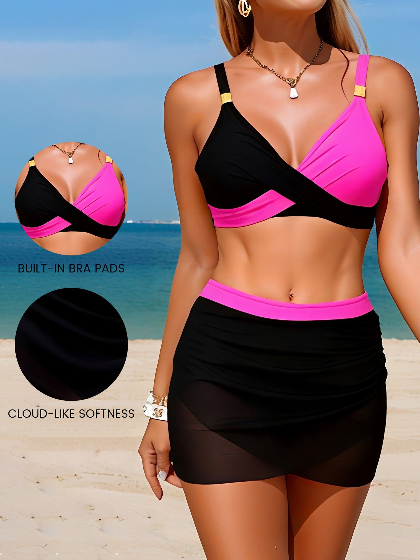 2 Piece Colorblock Sporty Skirted Swimwear
