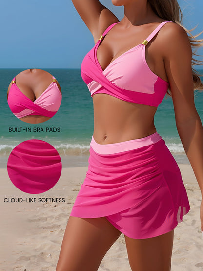 2 Piece Colorblock Sporty Skirted Swimwear