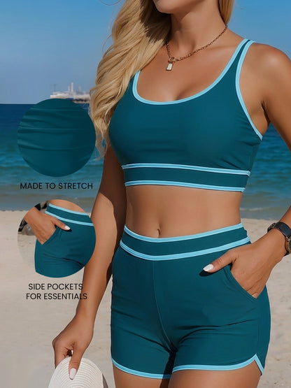 2 Pieces Colorblock Sleeveless Sports Bikini
