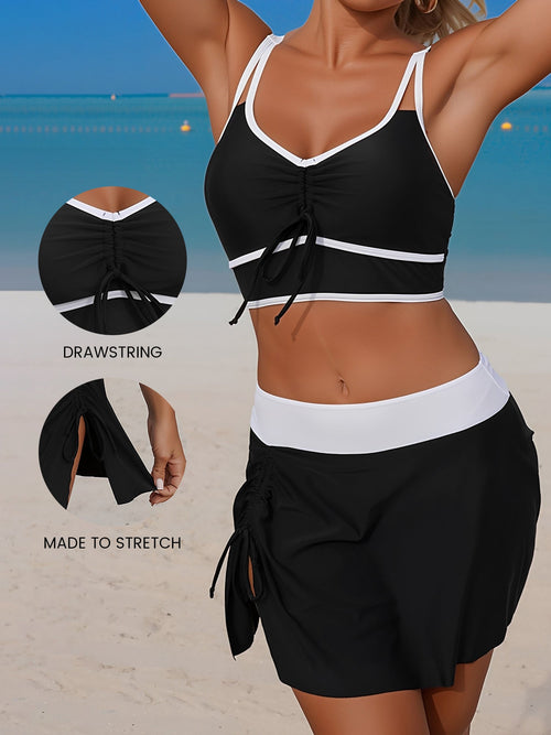 2 Pieces Colorblock Sleeveless Skirted Ruched Sporty Swimwear