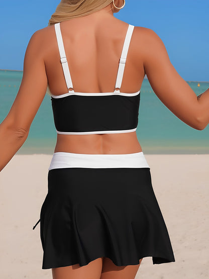 2 Pieces Colorblock Sleeveless Skirted Ruched Sporty Swimwear