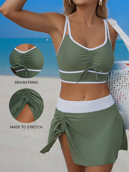 2 Pieces Colorblock Sleeveless Skirted Ruched Sporty Swimwear