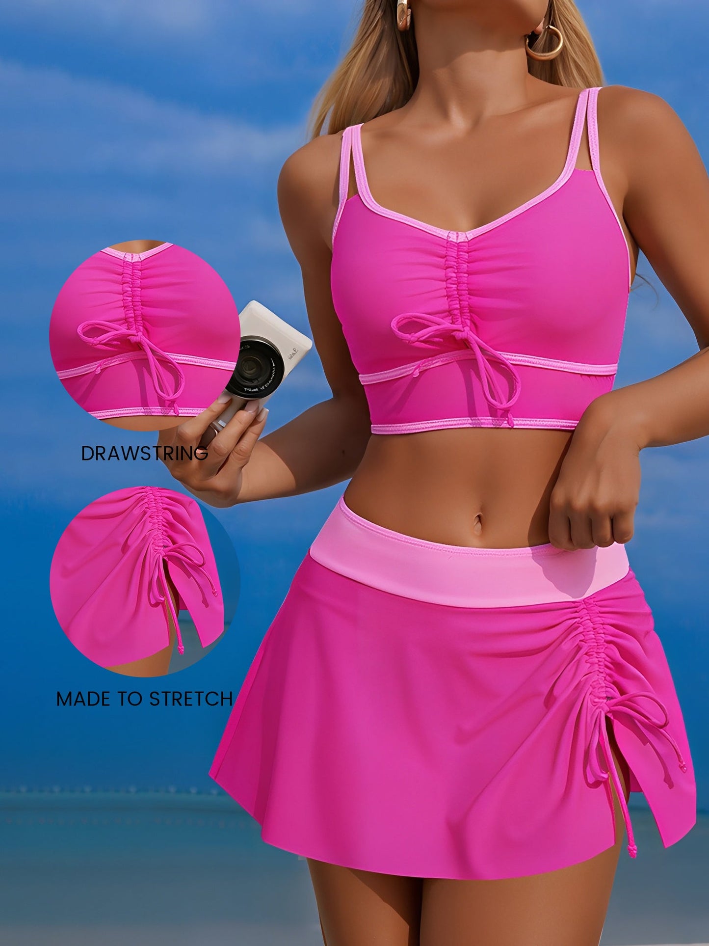2 Pieces Colorblock Sleeveless Skirted Ruched Sporty Swimwear