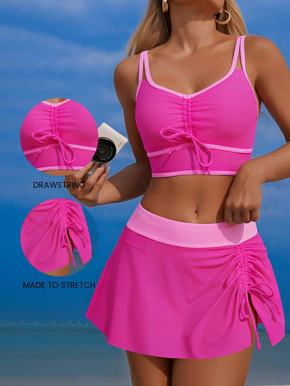 2 Pieces Colorblock Sleeveless Skirted Ruched Sporty Swimwear