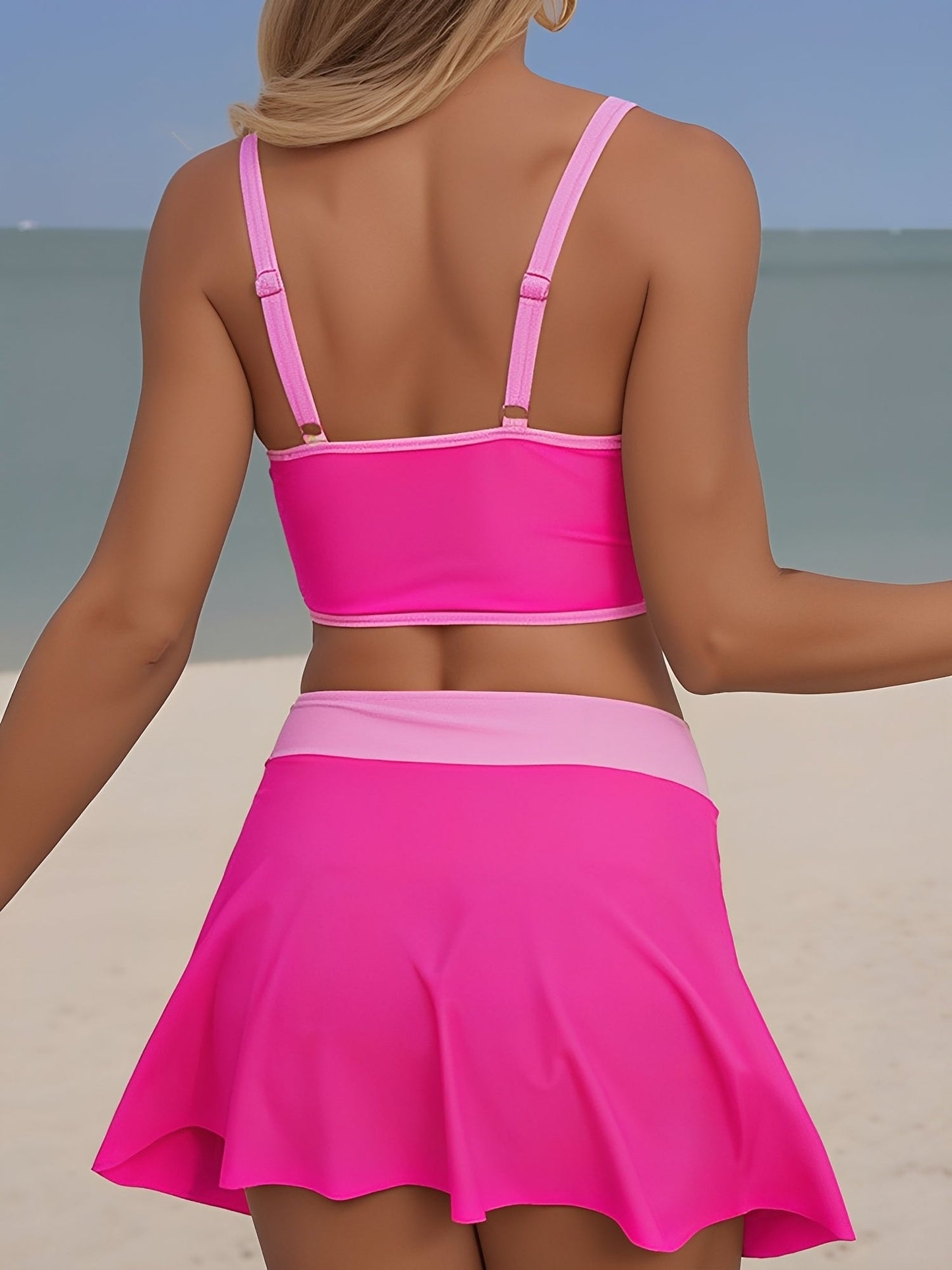 2 Pieces Colorblock Sleeveless Skirted Ruched Sporty Swimwear