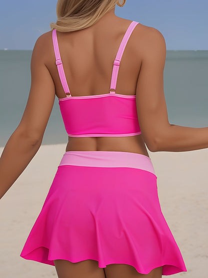 2 Pieces Colorblock Sleeveless Skirted Ruched Sporty Swimwear