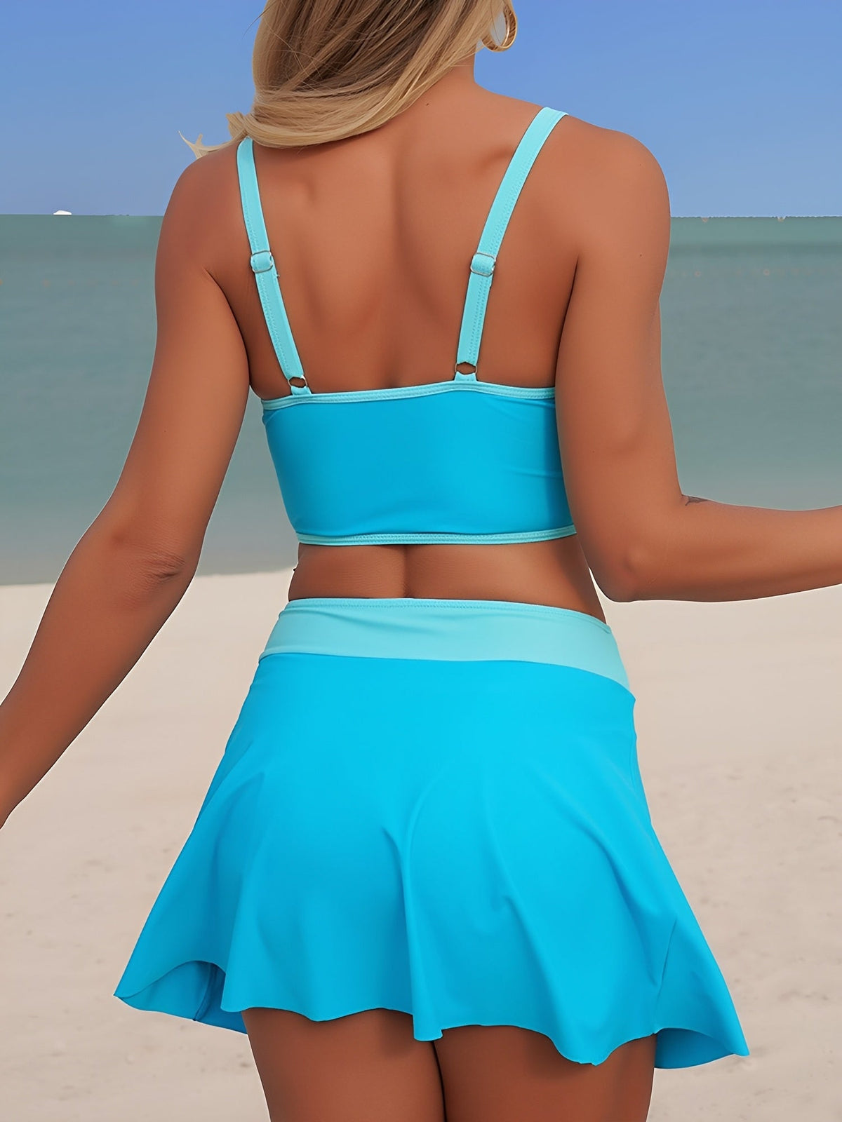 2 Pieces Colorblock Sleeveless Skirted Ruched Sporty Swimwear