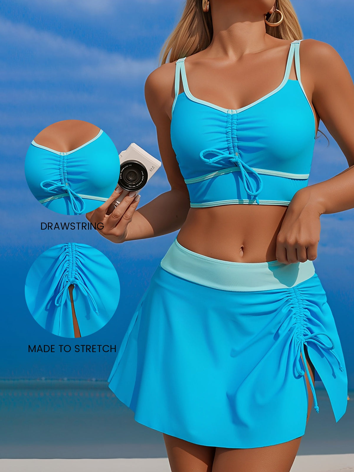 2 Pieces Colorblock Sleeveless Skirted Ruched Sporty Swimwear