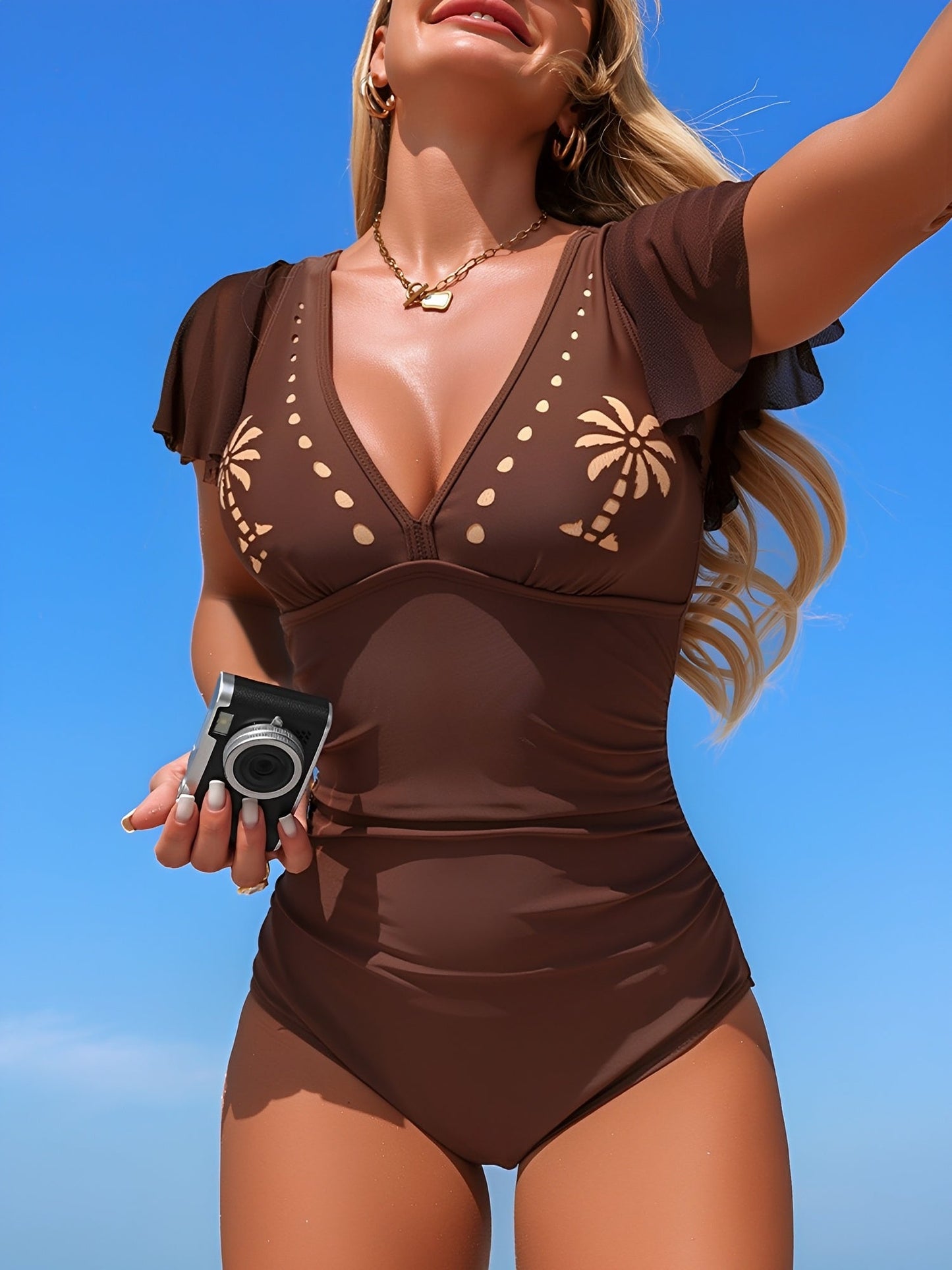 Tropical Print Short Sleeves One-Piece Swimsuit