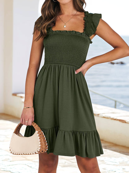 Ruffled Square Neck Cap Sleeves A-Line Tiered Dress