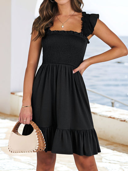 Ruffled Square Neck Cap Sleeves A-Line Tiered Dress