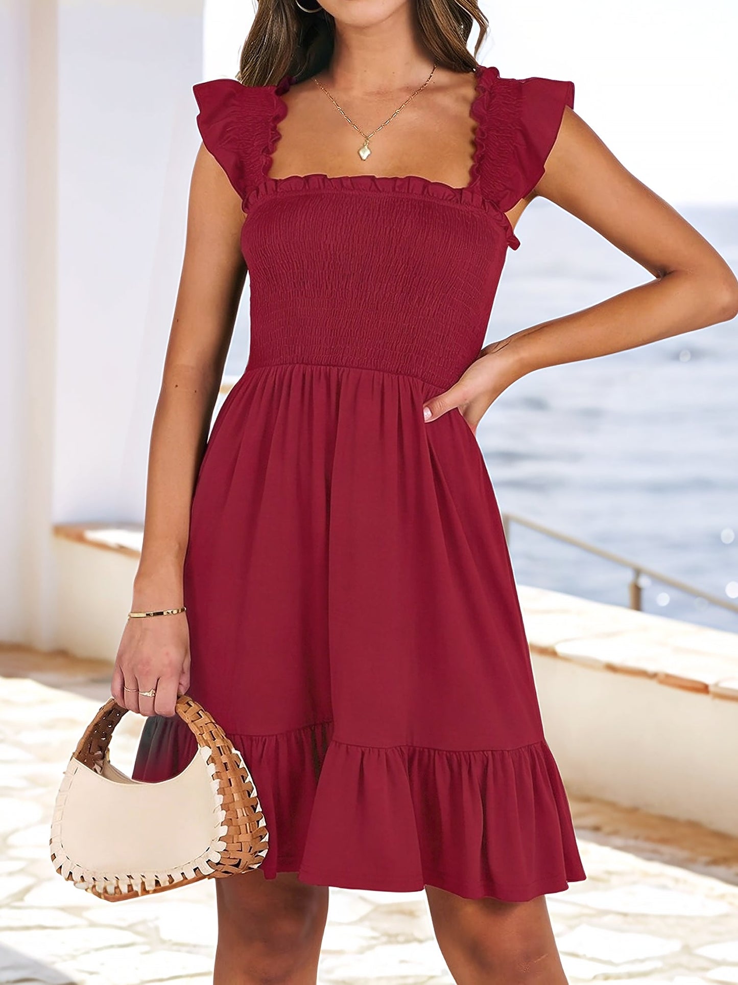 Ruffled Square Neck Cap Sleeves A-Line Tiered Dress